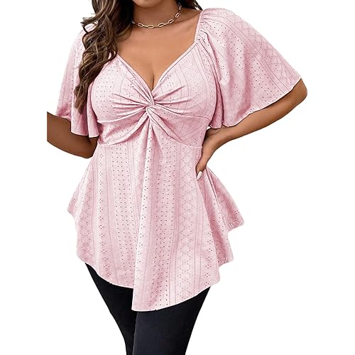 Eytino Womens Plus Size Tops Twist Front V Neck Short Sleeve Eyelet Embroidery Summer Loose Blouse Shirts(1X-5X)