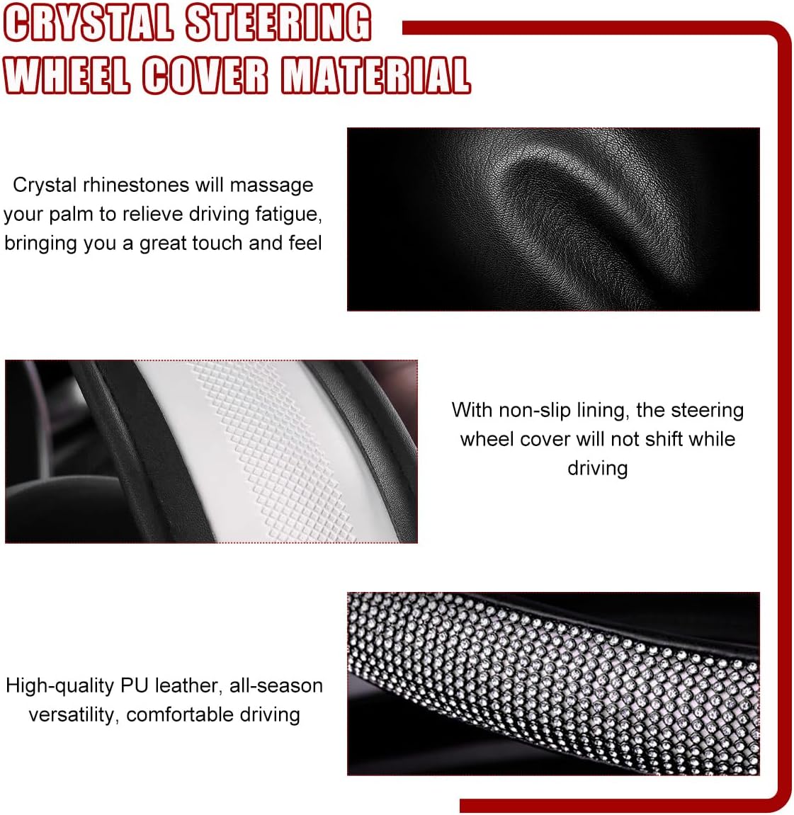 povtii Bling Car Steering Wheel Cover, Sparkling Crystal Rhinestone Auto Wheel Protector, Anti Slip Cover Fit 15 Inch Steering Wheel for Women Girls, Universal Car Accessories (Black) image 3