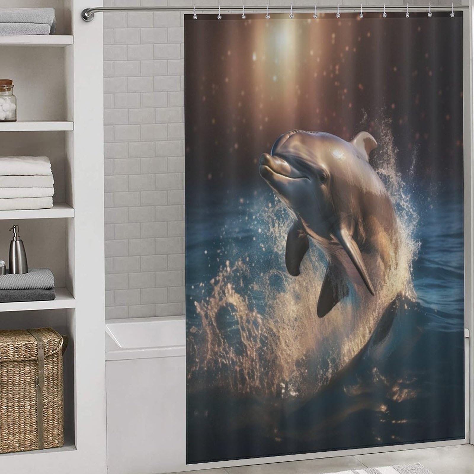 Rideau de douche dauphins tissu lavable accessoire salle de bain 152x183