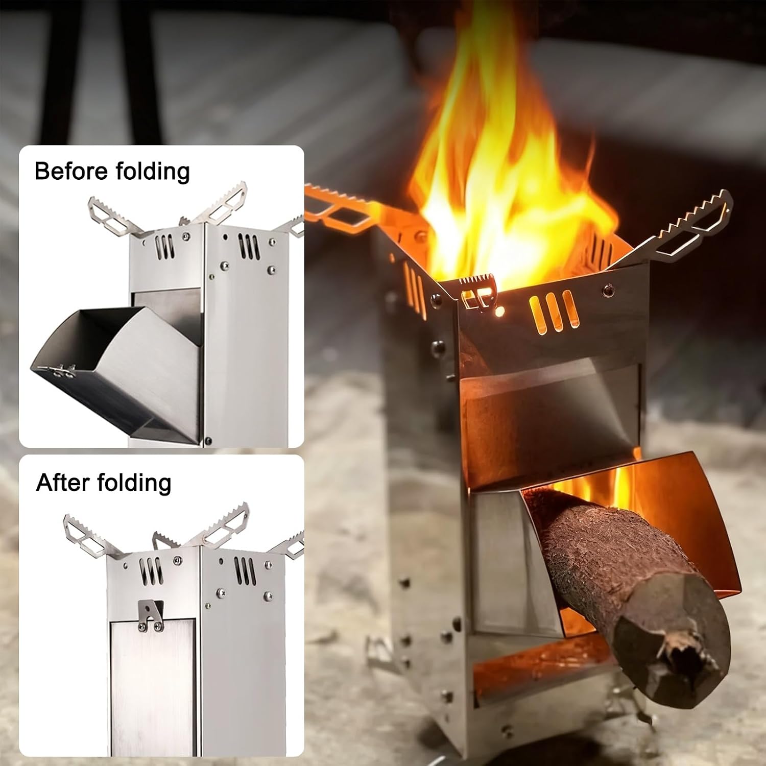 Rocket Stove, Foldable Camp Stove, Stainless Steel Wood-Stove, with Storage Bag, for Barbecues, Picnics, Camping, Hiking