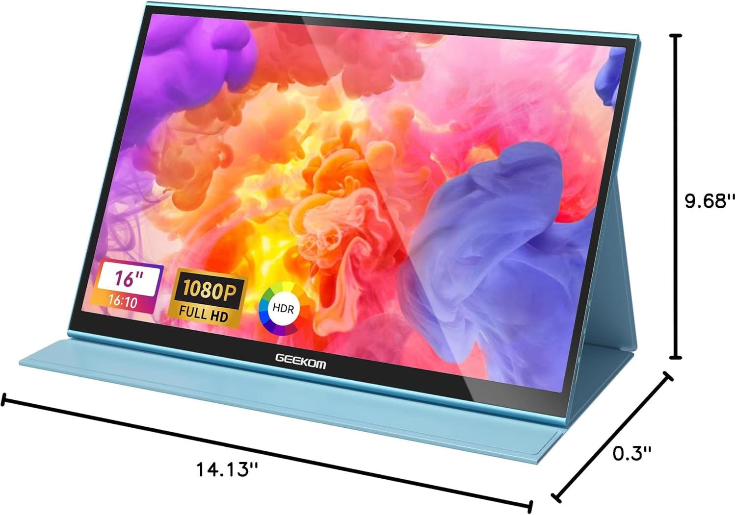 Diagram showing the dimensions of the GEEKOM Portable Monitor: 16 inches diagonal, 14.13 inches width, 9.68 inches height, and 0.3 inches thickness.