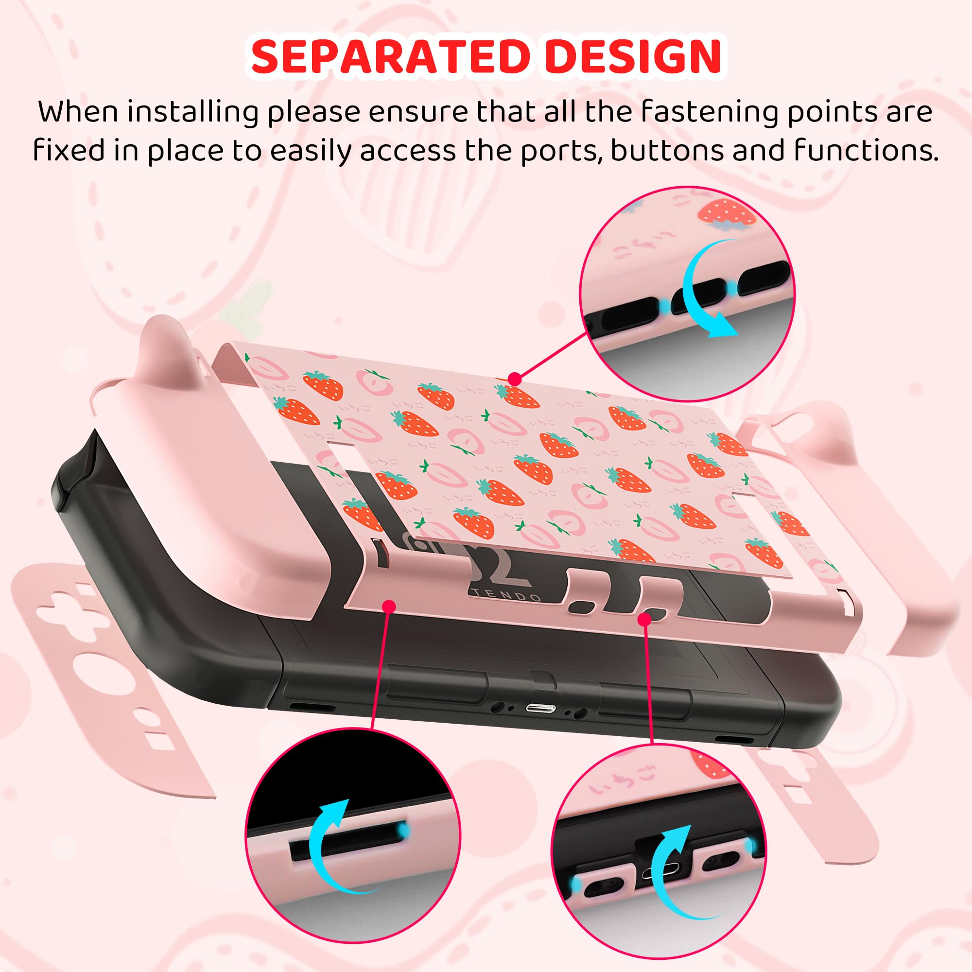 FUNDIARY Custodia da trasporto rosa per Switch 2 con design fragola, kit di accessori antiurto con custodia da viaggio sottile portatile, custodia agganciabile, pellicola proteggi schermo, tracolla e