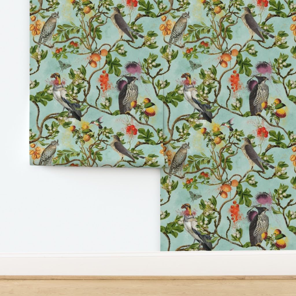Peel & Stick Wallpaper 3ft x 2ft - Vintage Birds Falcon Hawk Watercolor Chinoiserie Antiqued of Prey Blue Green Botanical Custom Removable Wallpaper by Spoonflower