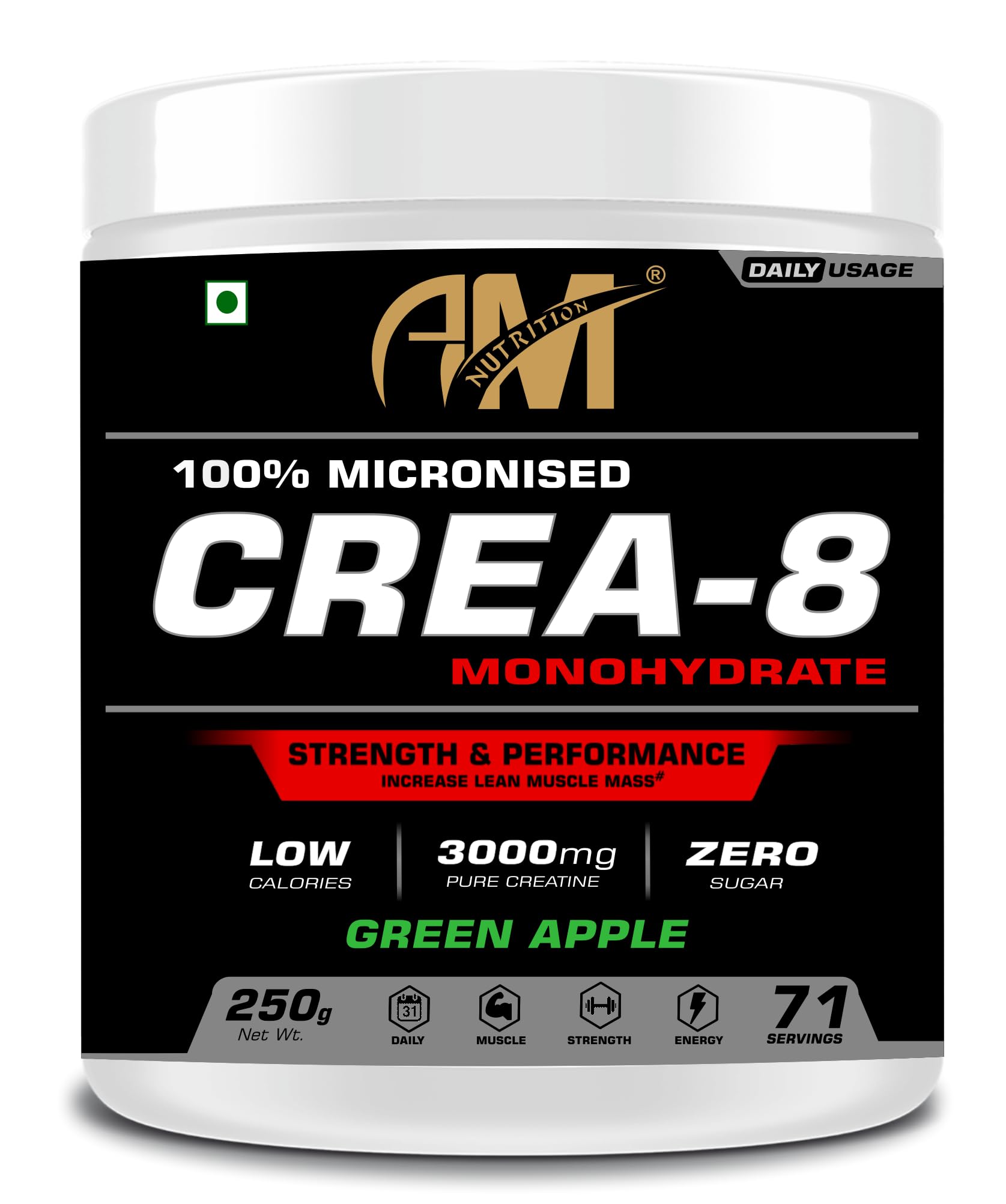 AM NUTRITION CREA-8 Monohydrate Creatine Powder |100% Creatine, 3000mg per serve | Supports Athletic Performance & Power | Green Apple Flavored, 71 Servings (250gm Pack)-picture-23