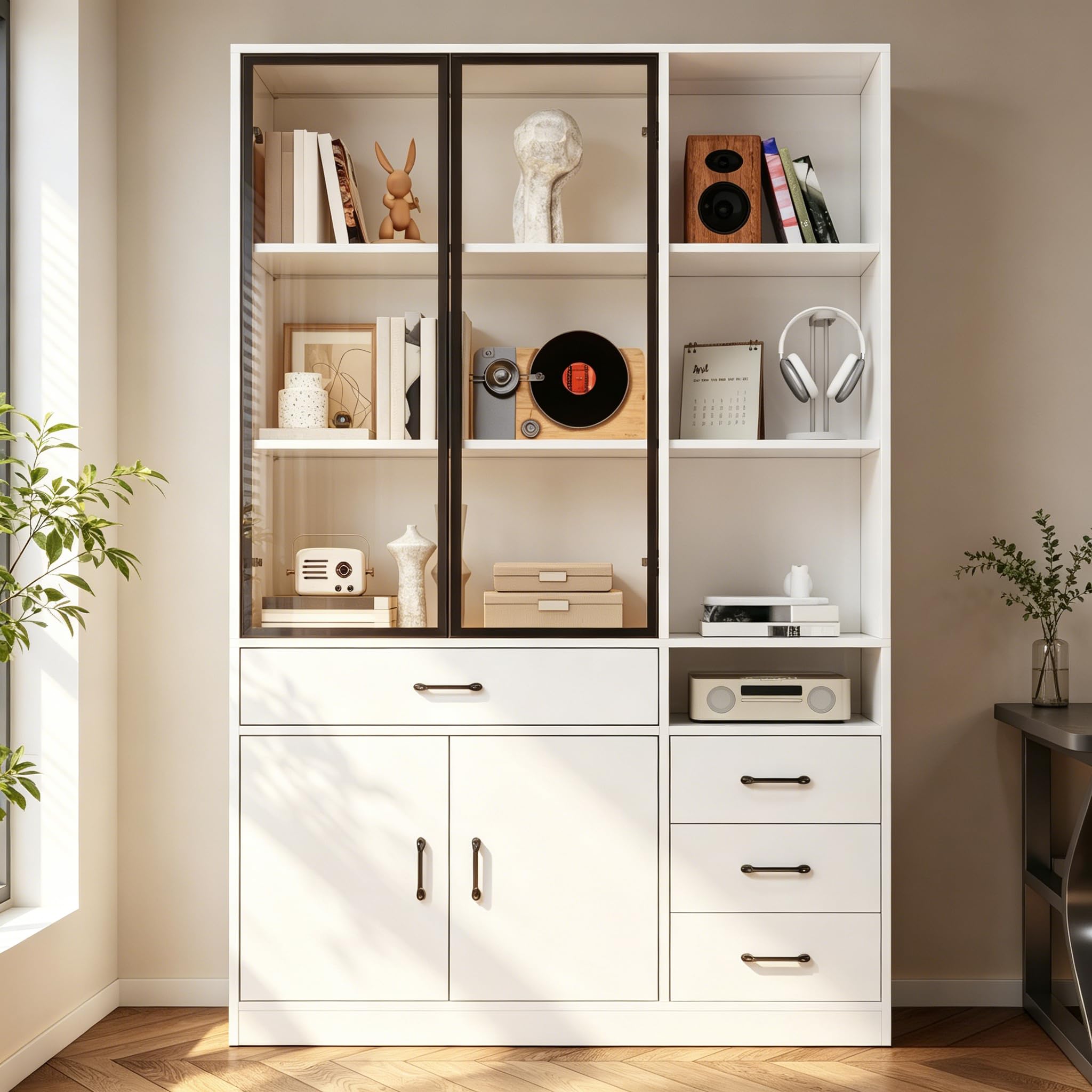 Kebnor Armario alto con vitrina de cristal y LED, estantería para libros con 13 zonas de almacenamiento, 4 cajones y puertas, armarios de almacenamiento, armarios de almacenamiento, adecuado para