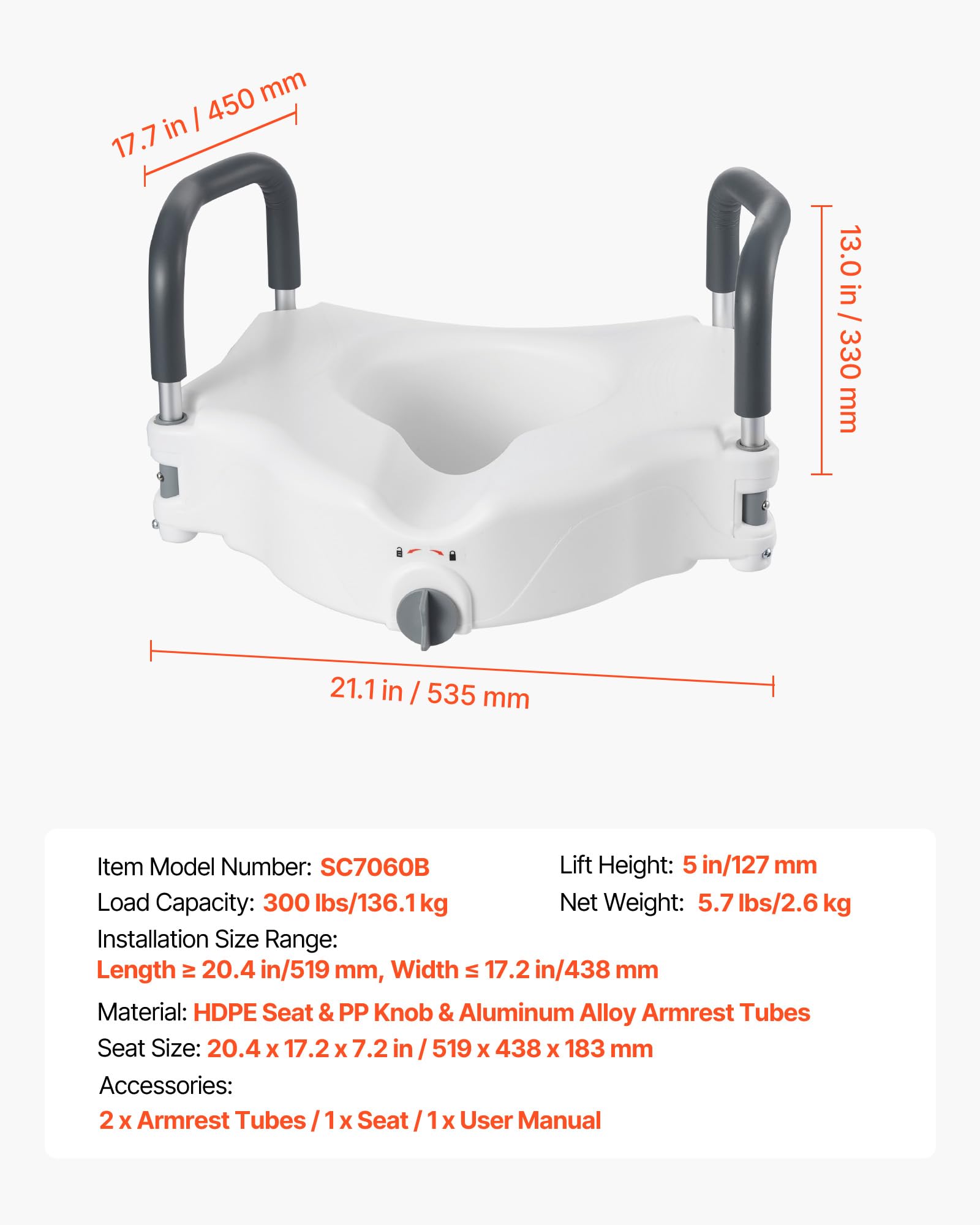 VEVOR Podwyższona deska sedesowa z wyściełanymi podłokietnikami, nośność 136 kg i wysokość podnoszenia 127 mm, uniwersalna podniesiona deska sedesowa dla osób starszych, niepełnosprawnych, kobiet w