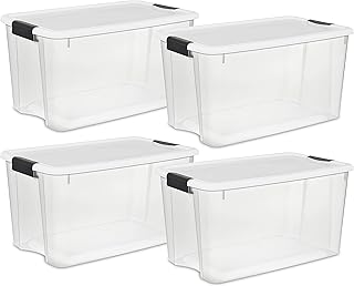Sterilite 19889804 70 Quart/66 Liter Ultra Box Clear with a White Lid and Black Latches, 4-Containers
