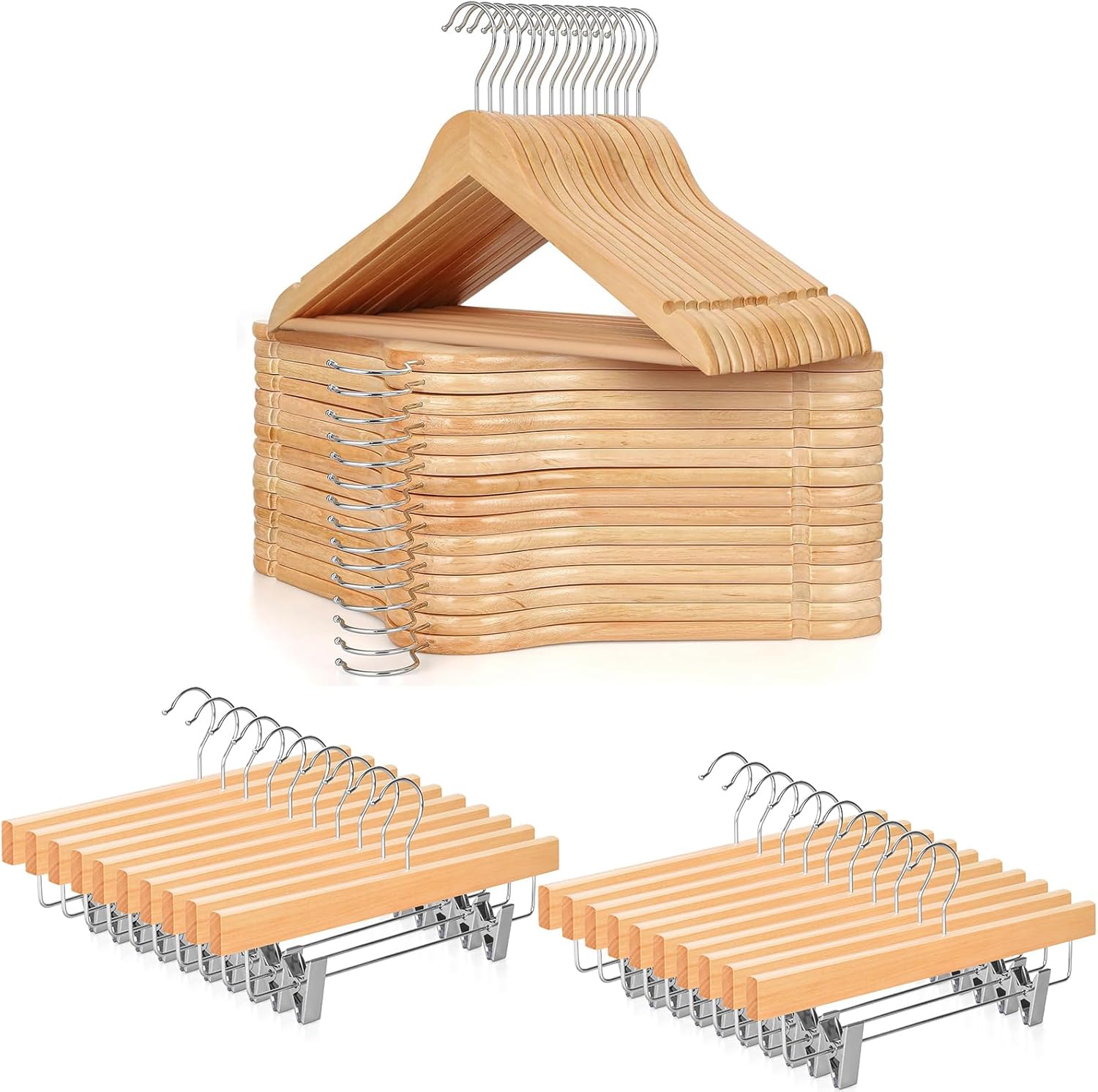 TOPIA HANGER Natural Wooden Hangers 30 Pack with Pants Hangers 20 Pack