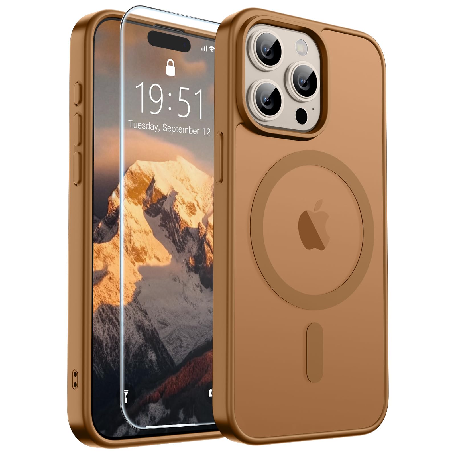 SUPFINE Magnetic for iPhone 15 Pro Max Case Brown | With Screen Protector, Translucent Matte, Compatible with MagSafe, Military Grade Drop Proof, Rugged Shockproof Protective