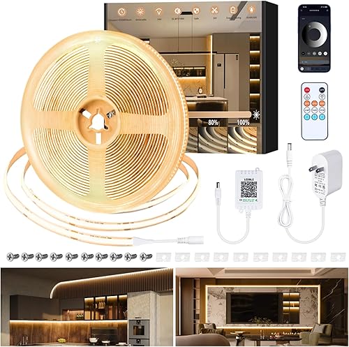 Miniatura 1 de COB - Tira de luces LED de 32.8 pies, 3000 K CC 24 V, regulable, blanco cálido, tira de luces LED flexibles para dormitorio, con control remoto y