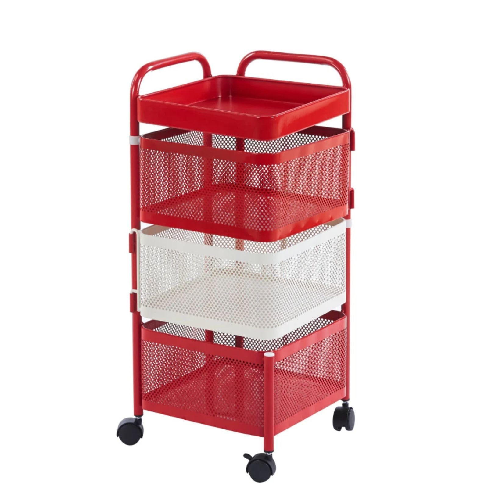 DUAS Rotating Storage Trolley Cart Kitchen Bathroom Organizer Shelf Space Saving Vegetable Storage Rack Rolling Utility Stand Red White 4 Tier 5 Tier 6 Tier (Square 4 Tier)