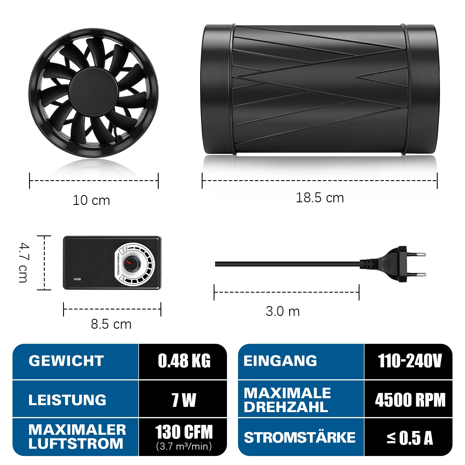 Regelbar Rohrventilator 100mm, EC Motor Inline Abluftventilator 222 m³/h | Rohrlüfter Kanalventilator 4500 RPM mit Drehzahlregler, EU-Stecker, 3m Kabel für Grow-Zelte, Gewächshaus, Badzimmer, Garage