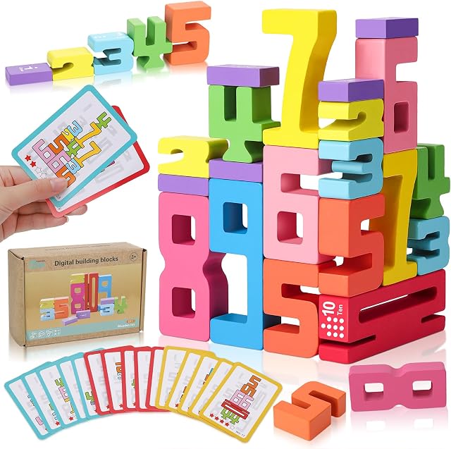 20 Pcs Wooden Number Blocks, Wooden Building Blocks with 15 Pcs Instruction Card, 1-10 Balance Number Block Toys for Kids Age 3+ Numbers Learning