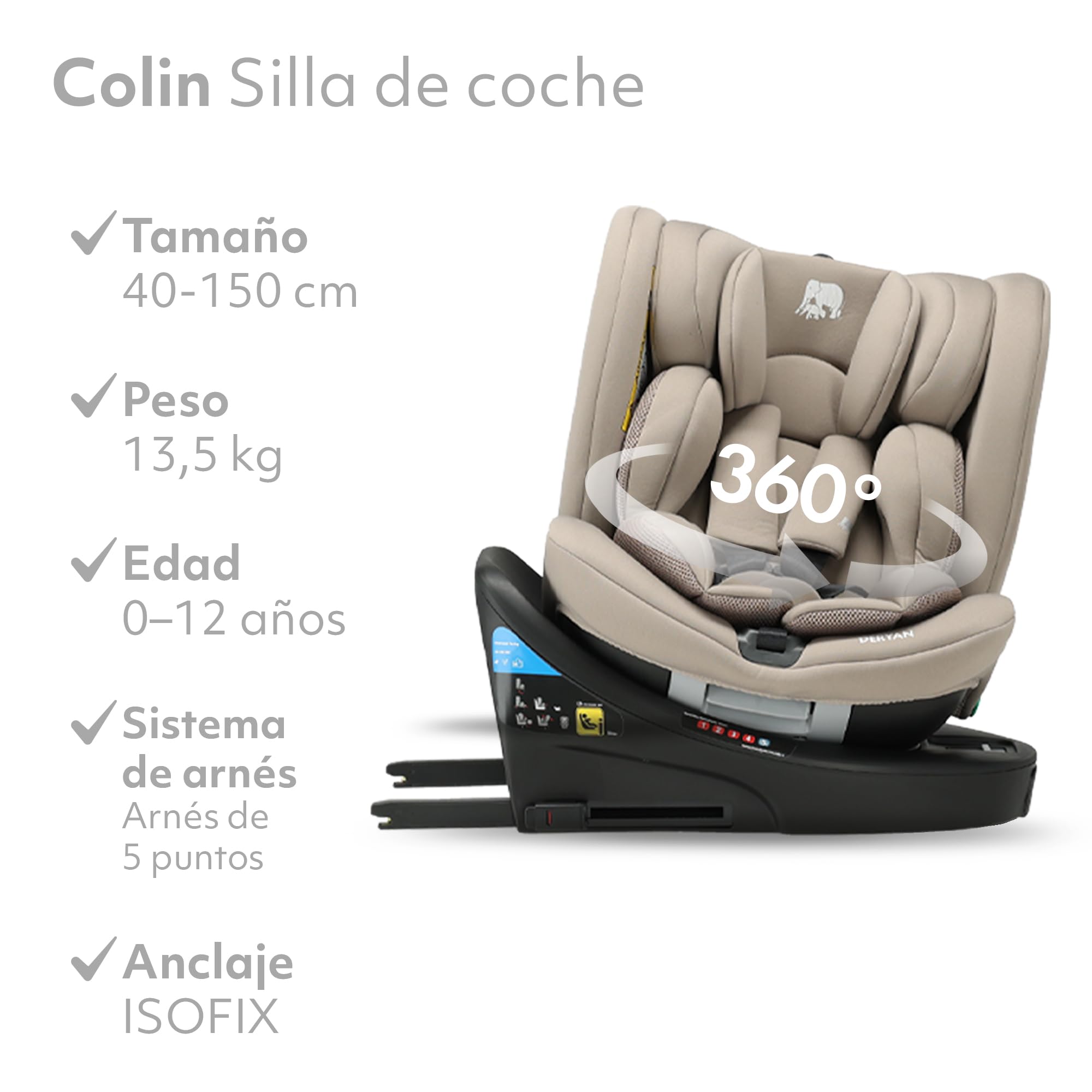 Silla de coche para niños Deryan Colin 360° i-Size (40-150 cm), 0-12 años, 0-36 kg, Montaje con isofix de seguridad, reposacabezas y respaldo ajustables, R129 (Turrón)