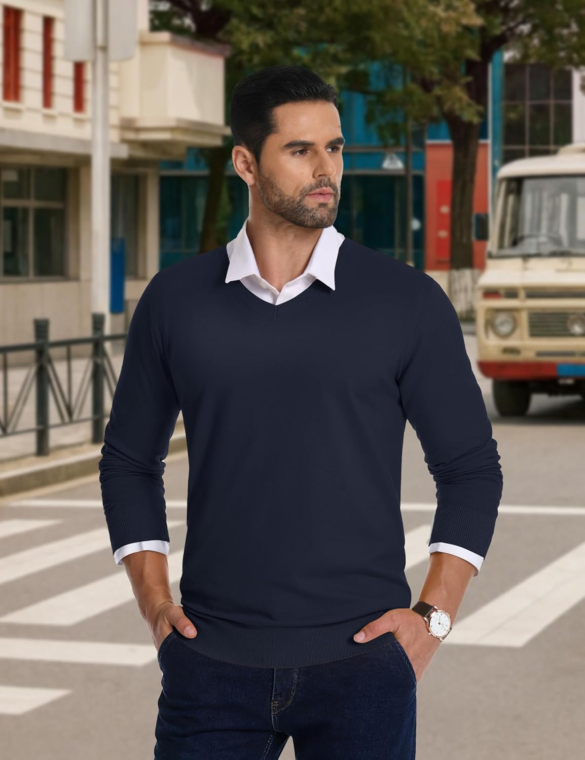 CRYSULLY Men's V Neck Sweater Knitted Pullover Casual Soft Lightweight Long Sleeve Dress Sweater - Image 5