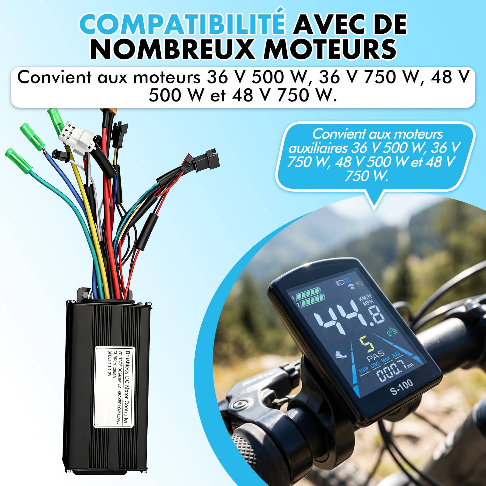 Kit de Contrôleur de Moteur sans Balais pour Vélo Électrique, 36V 48V 500W 750W 26A 3 Modes Contrôleur à Onde Sinusoïdale avec Panneau d'Affichage LCD Couleur S-100 Étanche