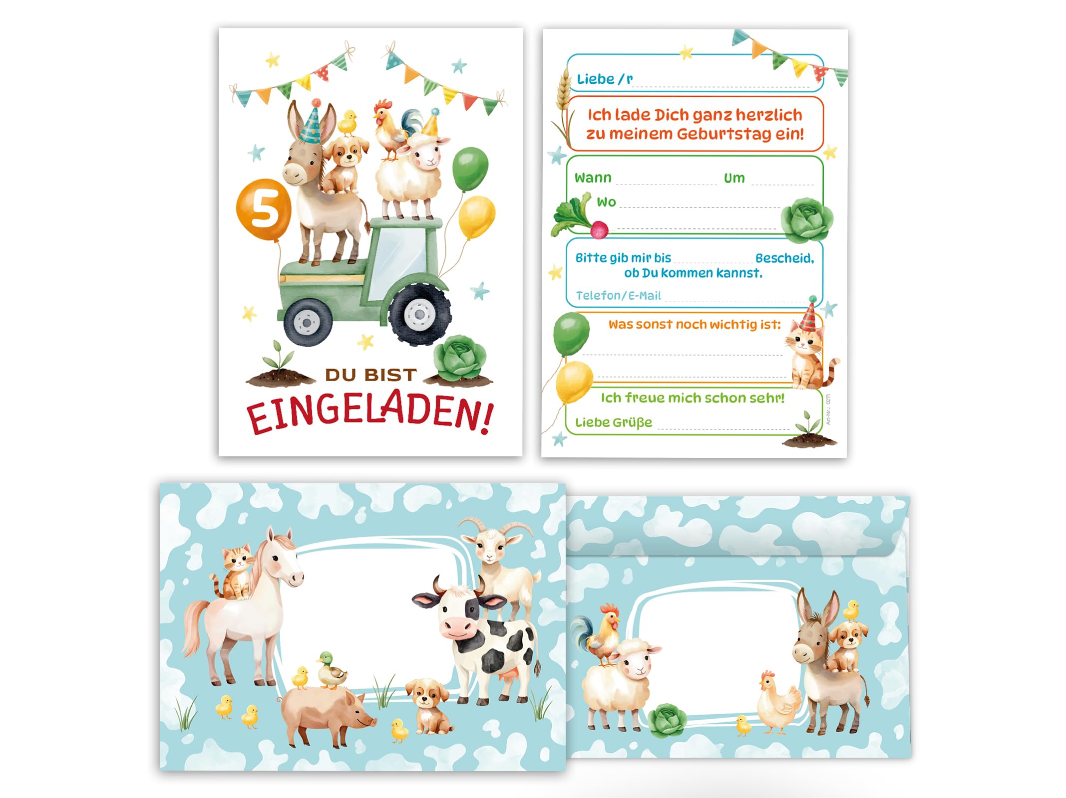 Junaversum 12 Einladungskarten inkl. 12 Umschläge zum 5. Kindergeburtstag Bauernhof Mädchen Kinder Jungen coole bunte Einladungen fünfte Geburtstag Geburtstagseinladungen Kids
