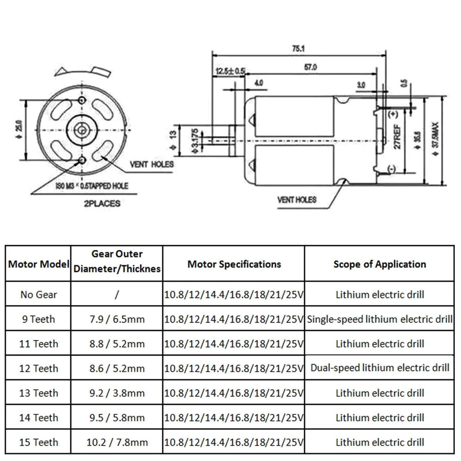 RS550 silnik prądu stałego 10,8 V/12 V/16 V/18 V/21 V, mikrosilnik elektryczny z przekładnią skrzynią biegów wysoki moment obrotowy 9/11/12/13/14 zębów do wiertarki (12 cz. , 10,8 V)