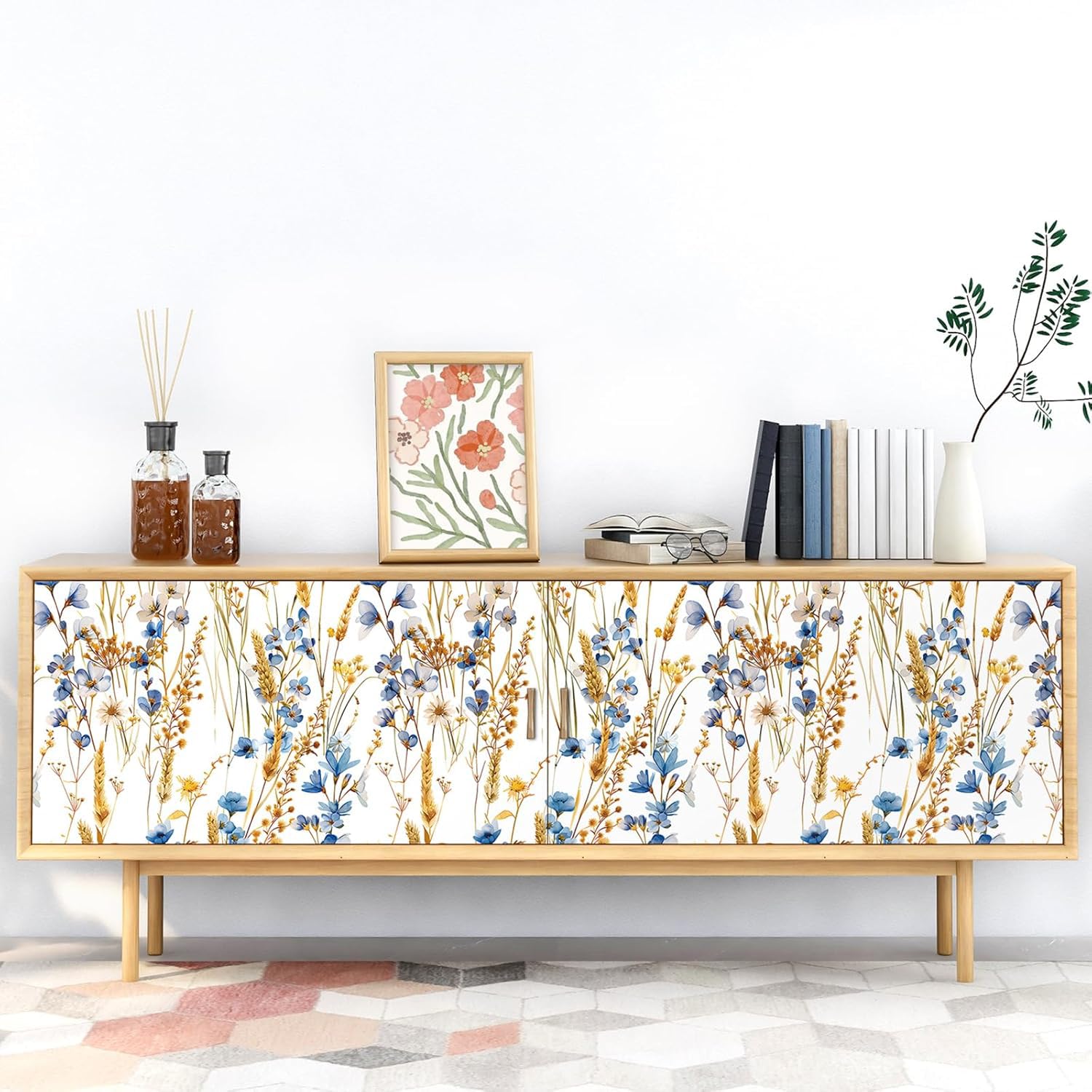 FunStick 44.5CMx9M Papel Pintado Floral Blanco Pared Dormitorio Trigo Otoñal y Flores Silvestres Impermeable Papel Adhesivo para Muebles Baño Blanco Azul Dorado Vinilo Adhesivo Flores Muebles Armario