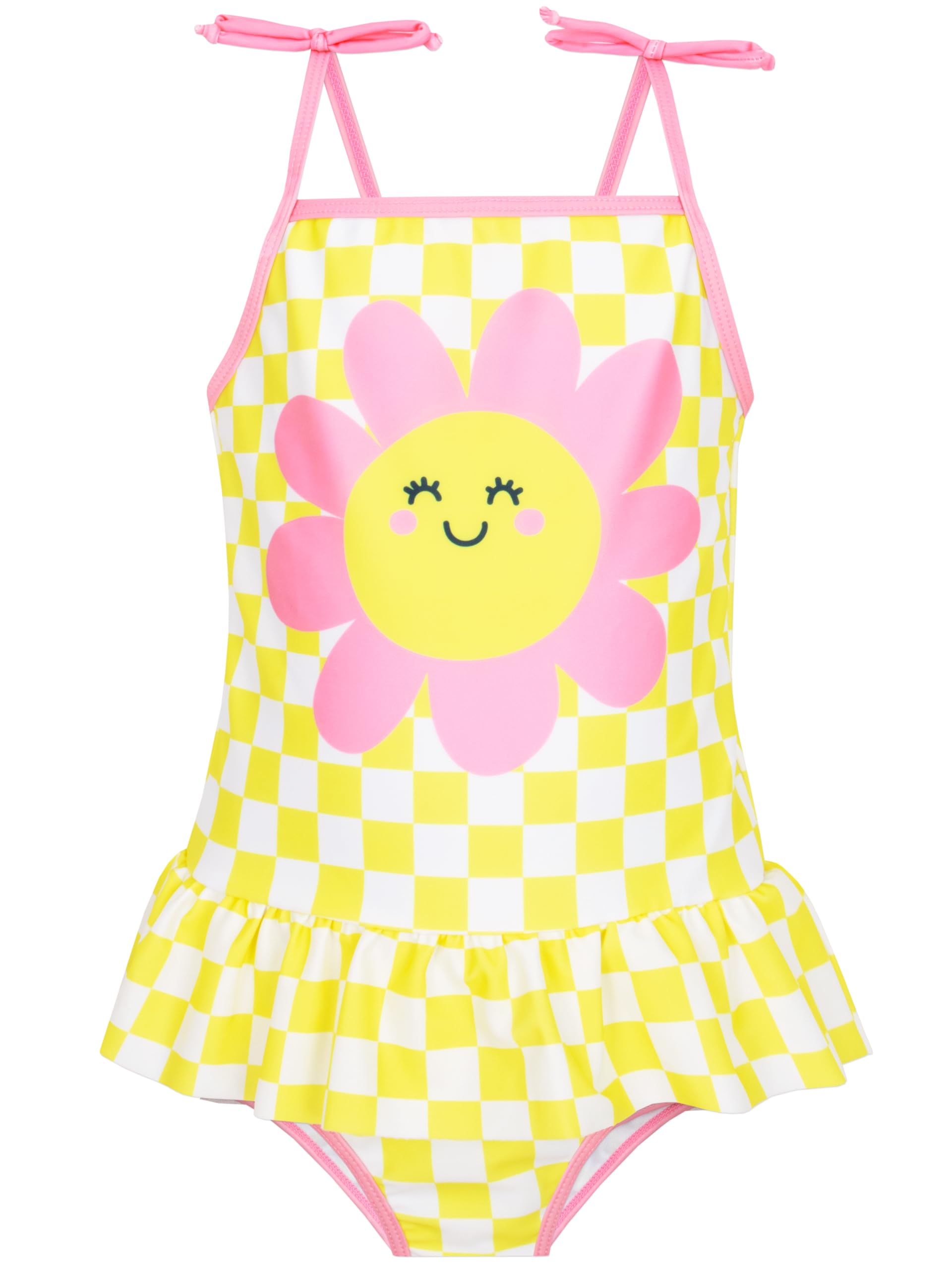 Harry Bear Floral Girls Swimsuit | Checkered Girls Swimming Costume | Yellow 4-5 Years