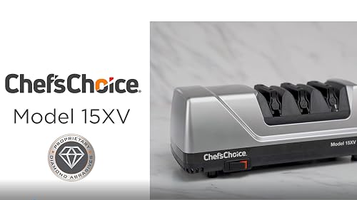 Chef’sChoice Model 15XV name and a proprietary diamond abrasives badge beside a side view of the silver and black sharpener