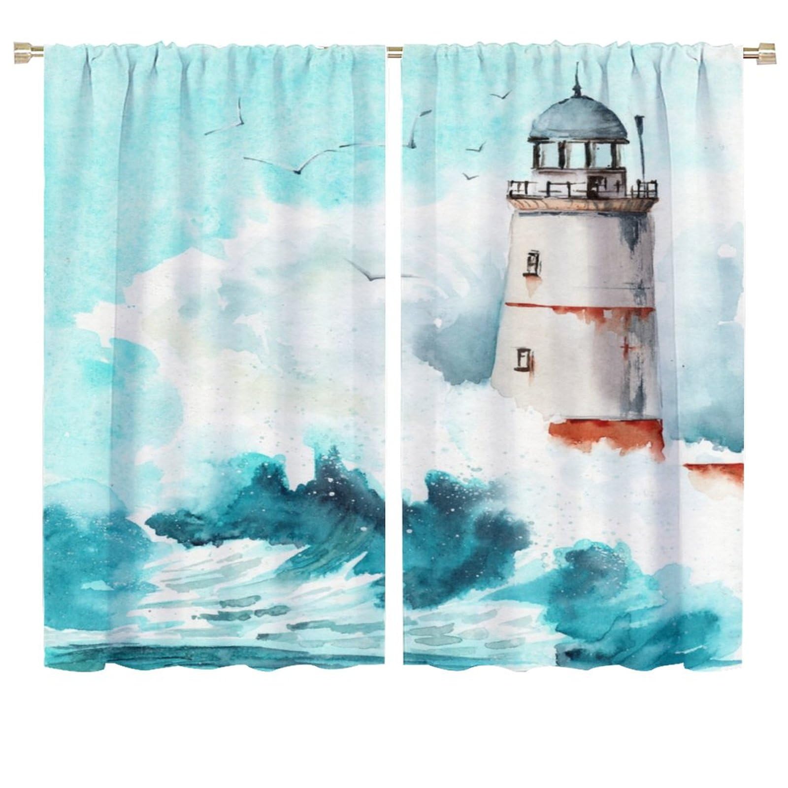 Lighthouse Curtain Watercolor Sea Mew Wave Lighthouse Blackout Print Rod Pocket Window Drapes for Bedroom Living Room 72x63in