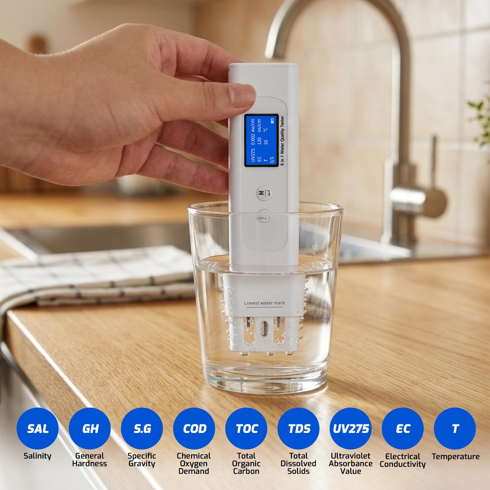 Testeur d'eau Multiparamètres 9-en-1 : COD, TOC, UV275, TDS, EC, Salinité, Dureté, SG, Temp. LCD Couleur, Rétroéclairage, Scoring Intelligent pour Aquariums et Eau Potable
