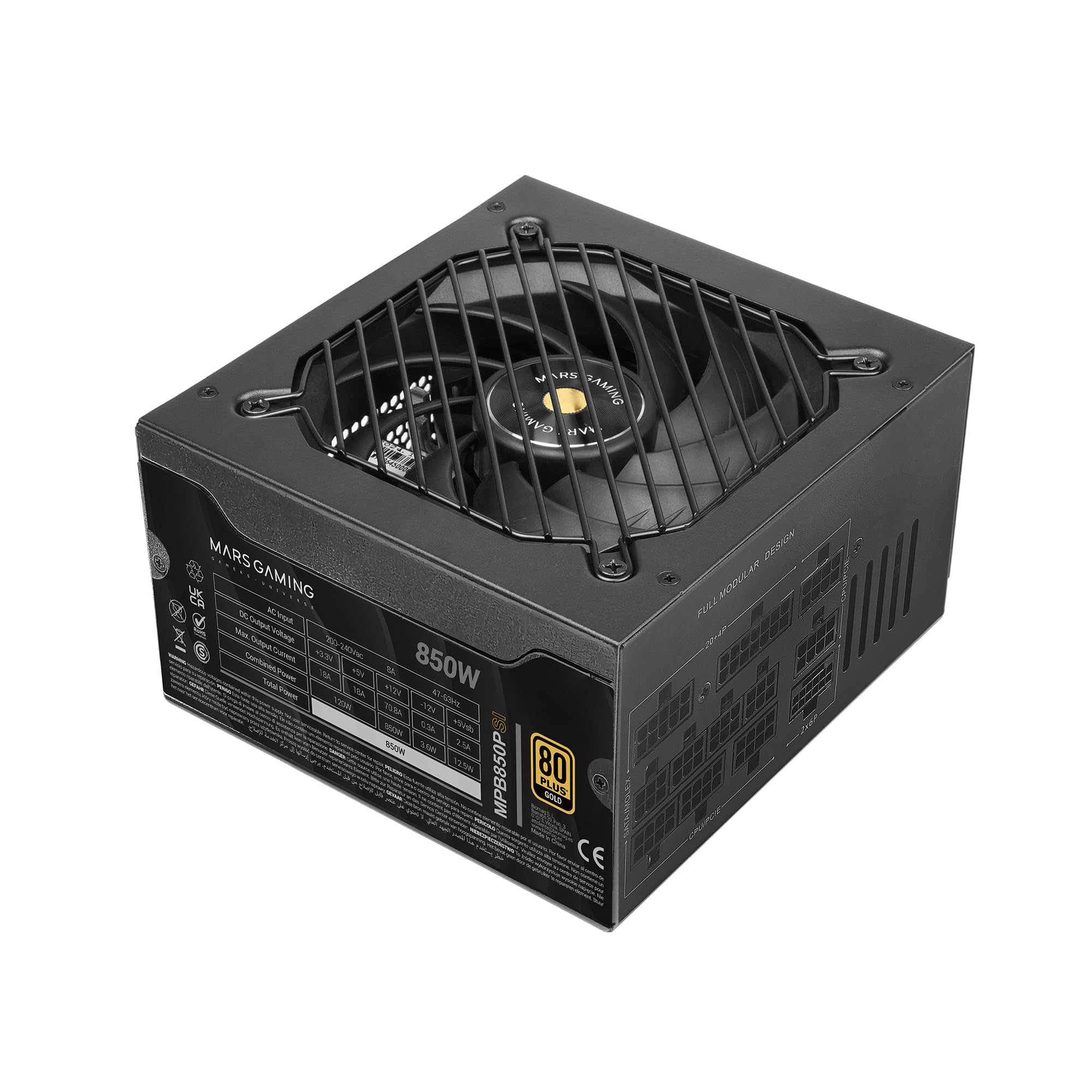 Mars Gaming MPB850PSI, Alimentatore Full Modulare ATX 850W, 10 Anni di Garanzia, 80Plus Gold 90%, Ventola SI 14cm, Tecnologia AI2-RPM, DC-DC e SMD, ATX 3.1 e PCIe 5.1, Connettore 12V 2x6, Nero