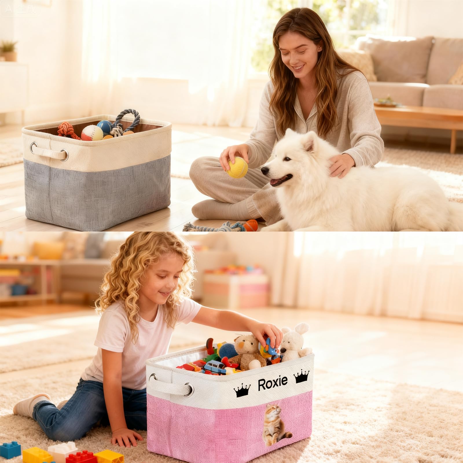 Panier de rangement personnalisé pour jouets pour animaux de compagnie – Organisateur de jouets personnalisé pour chien et chat avec nom, panier en tissu pliable et durable pour fournitures
