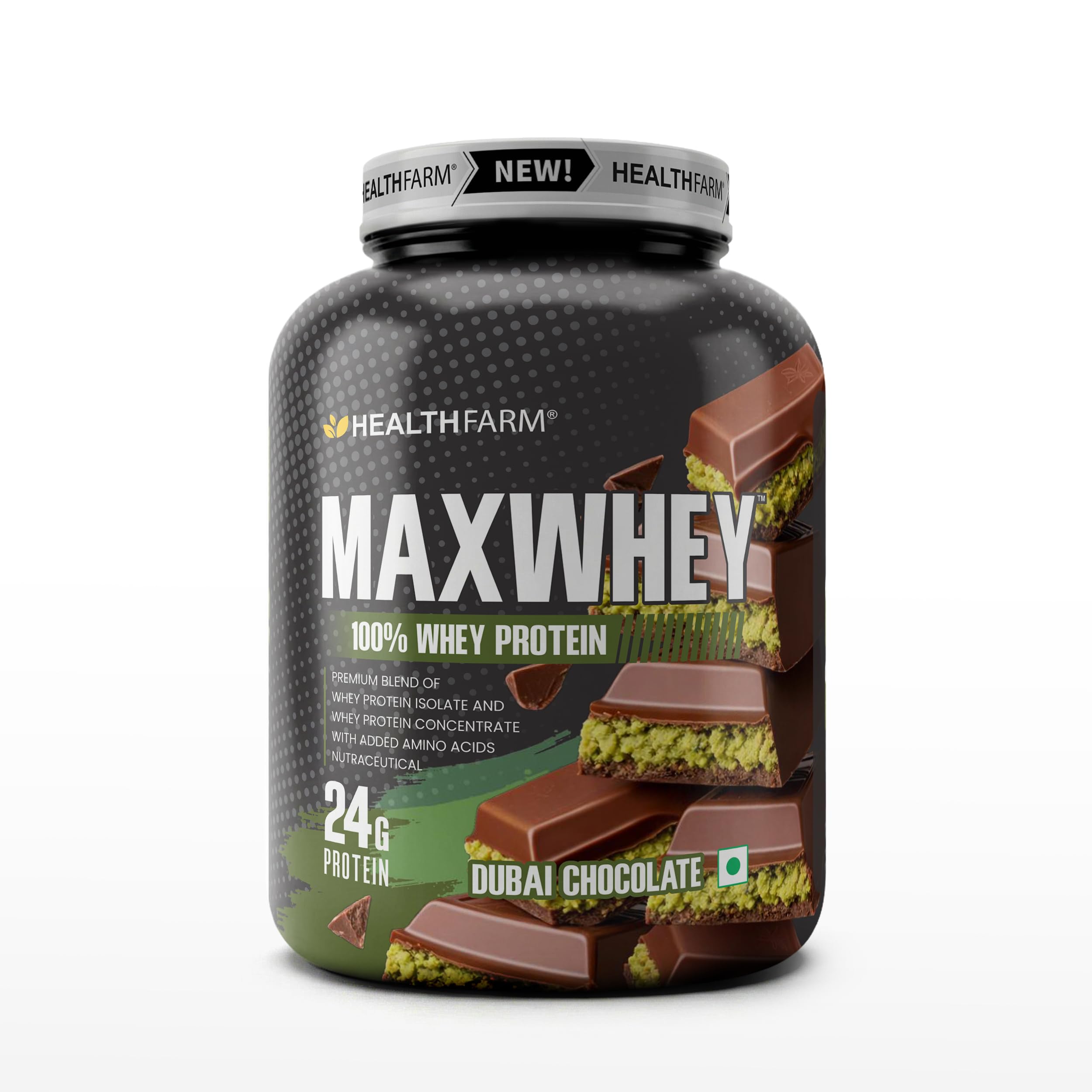 Healthfarm MaxWhey Whey Protein Powder | 24g Protein | Fast Absorbing Protein (Dubai chocolate) 2kg-image-13