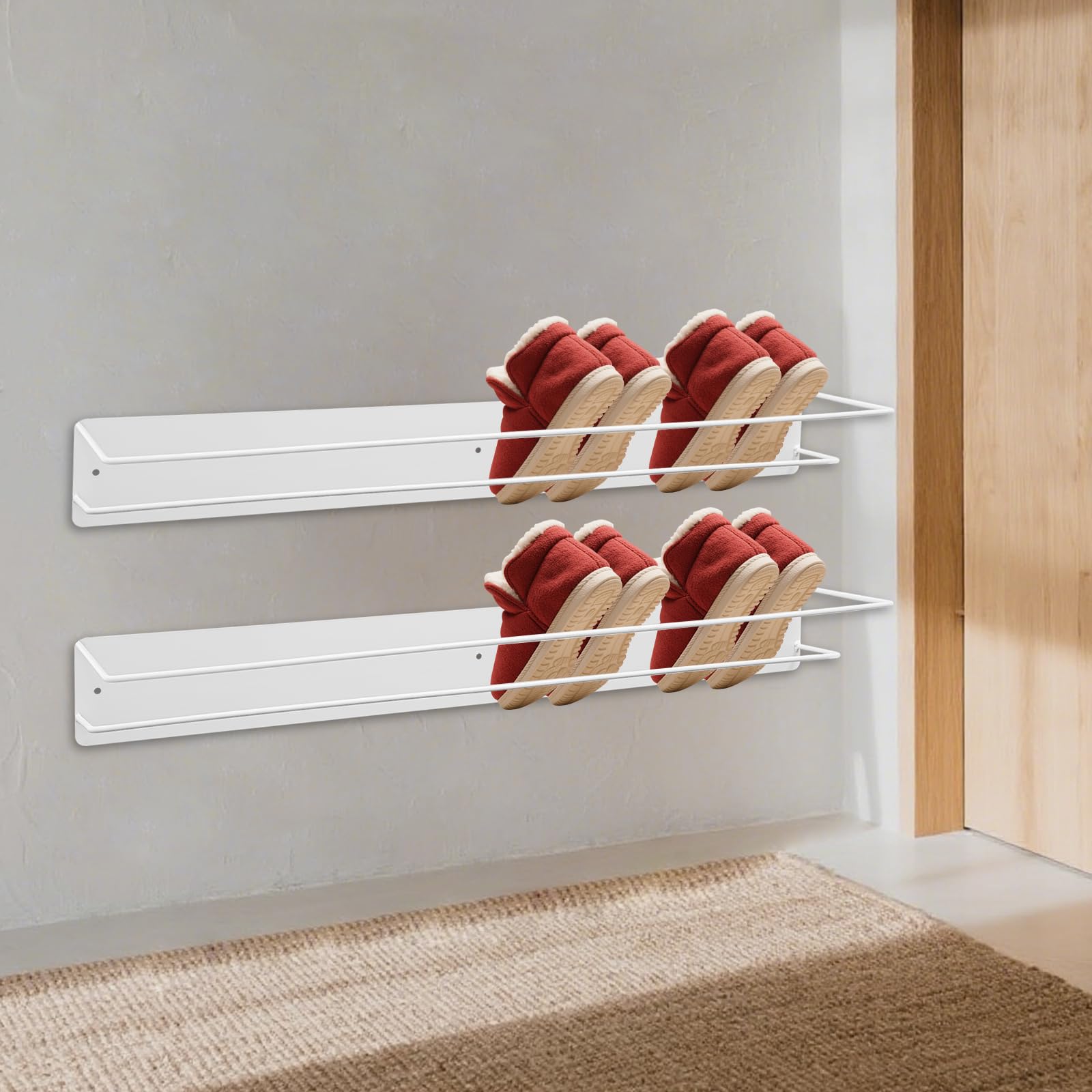 Lot de 2 étagères à chaussures - Montage mural - Moderne - Gain de place - En métal - Pour salon, chambre à coucher, entrée - 80 x 10 x 16 cm - Blanc