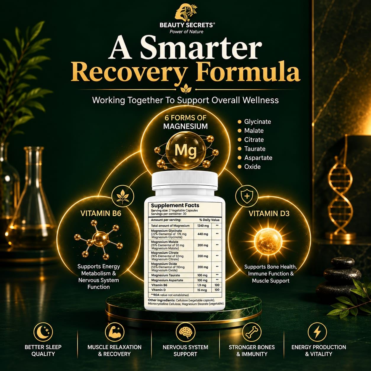 BEAUTY SECRETS MAG 6 – 6-in-1 Magnesium Complex with Vitamin B6 & D3 | Glycinate, Malate, Citrate, Taurate, Aspartate & Oxide | Sleep, Muscle, Energy & Heart Support — Amazon image 5