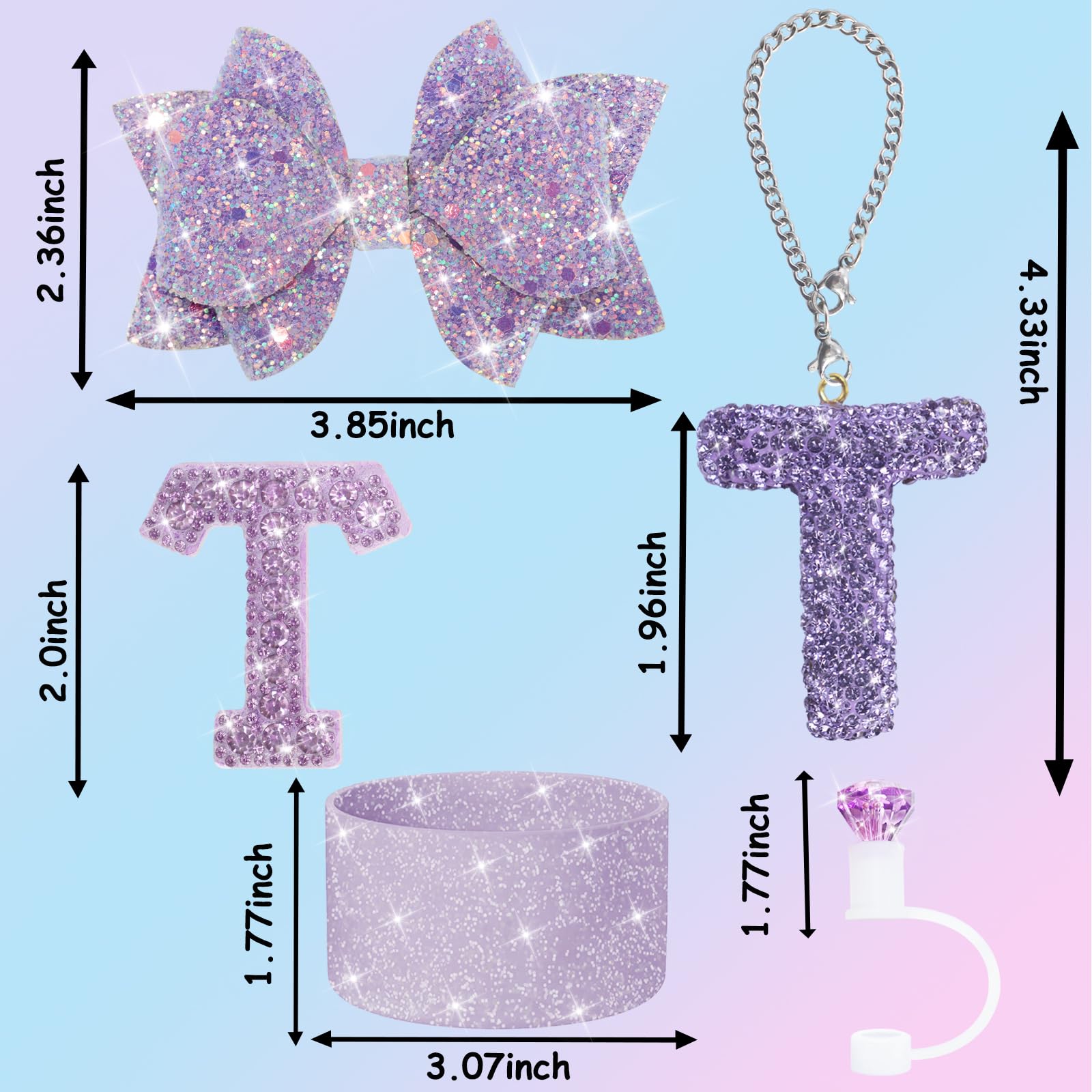 XIANGYUAN 5Pcs Stanley Cup Accessories Set,Letter Charm for Stanley Cups,Including Diamond Straw,Bow Straw,Sparkly Silicone Boot for Stanley Cup 30oz or 40oz(Purple T)