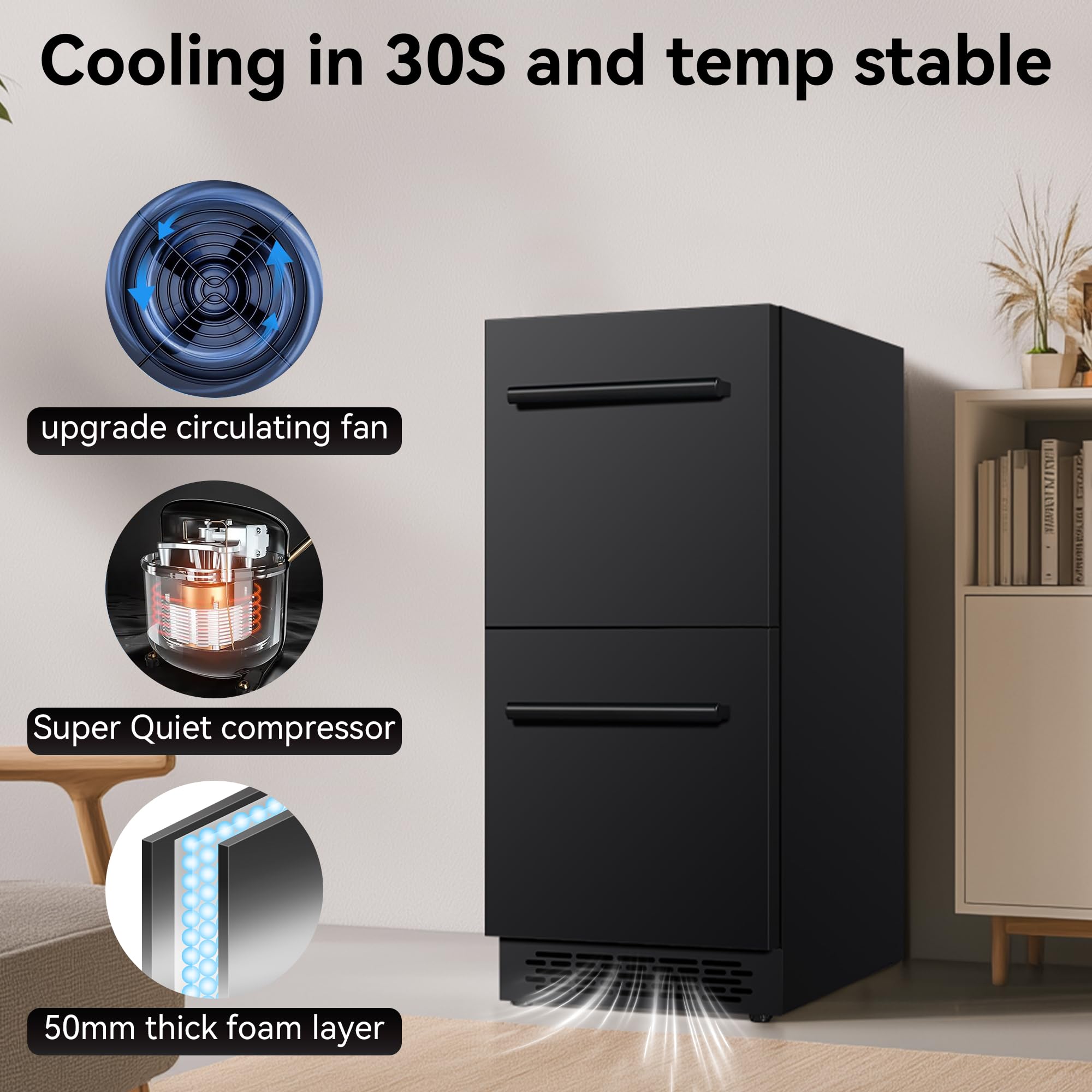15 Inch Double Drawer Beverage Refrigerator, 3.39 Cu.Ft. Under Counter Fridge, Waterproof All Black Stainless Steel Beverage Fridge,Low Noise Rapid Cooling For Indoor, Outdoor, Kitchen, Patio on Fridge.com - View 6