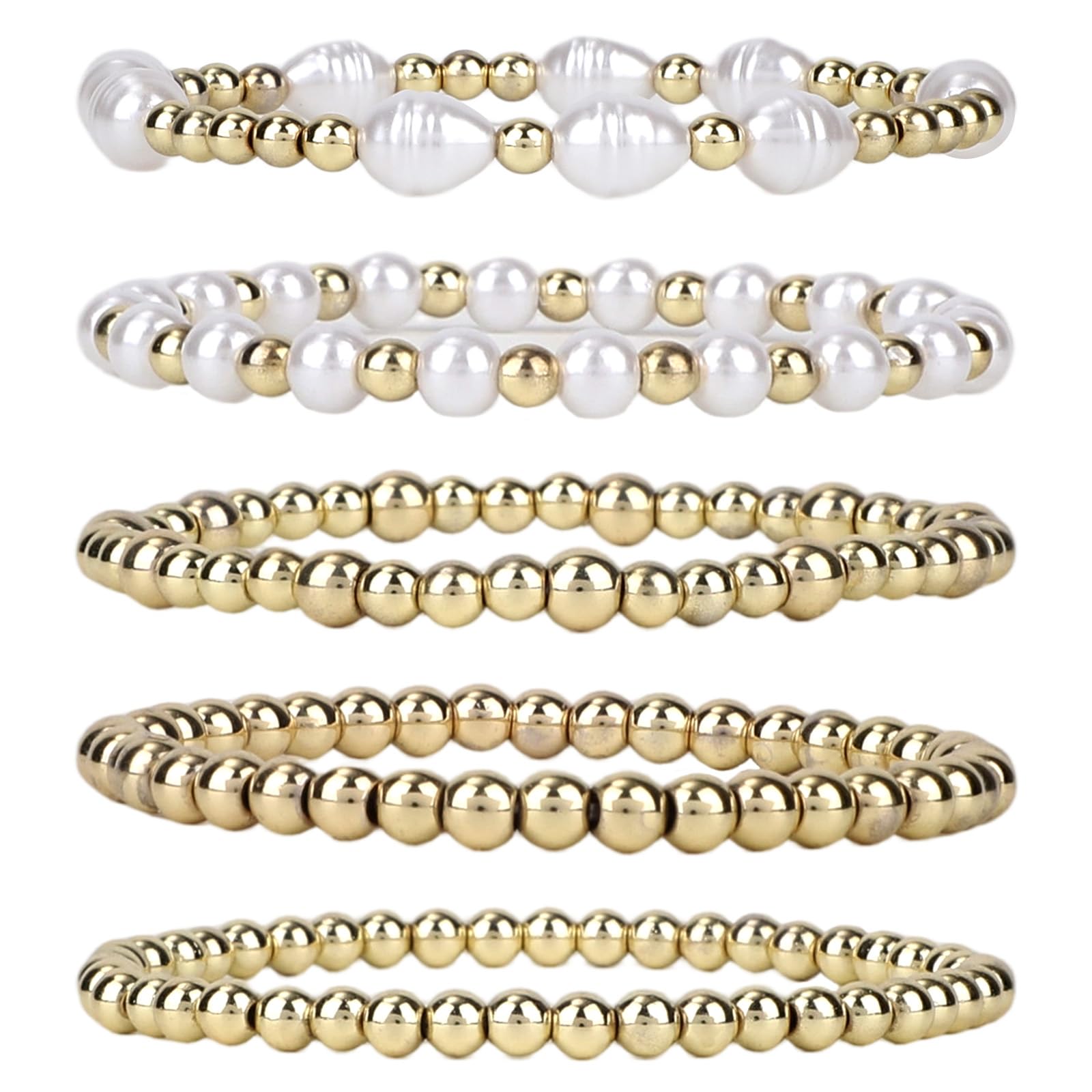 5pcs Gold Beaded Bracelets for Women, Gold Pearl Stretch Bracelet Stack Non Tarnish Dainty Elastic Bead Jewelry Set Trendy Stackable Boho Fashion