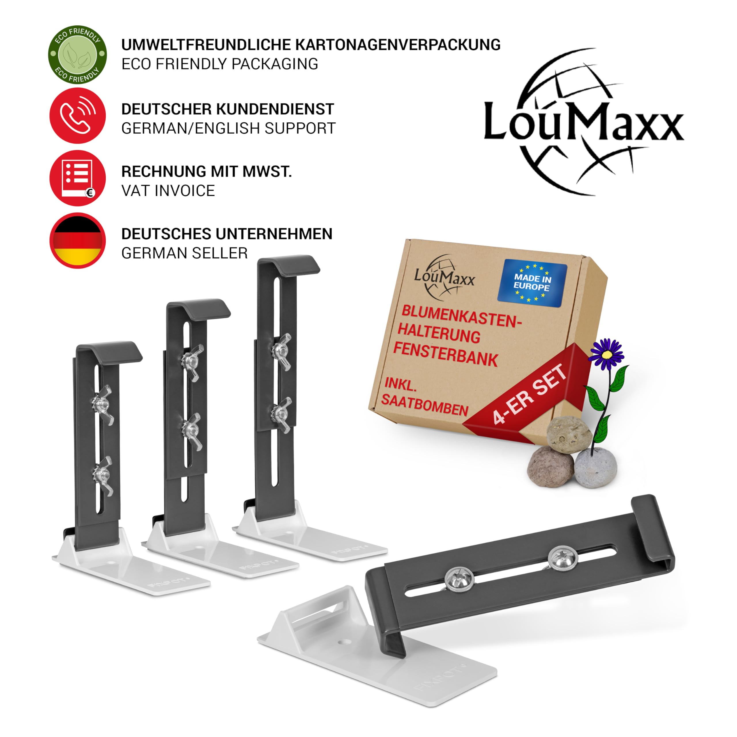 LouMaxx Uchwyt na skrzynkę okienną bez wiercenia, zestaw 4 niewidocznych uchwytów na skrzynie na kwiaty, w kolorze antracytowym, wytrzymały, z regulacją wysokości, zawiera adaptery i bomby z nasionami
