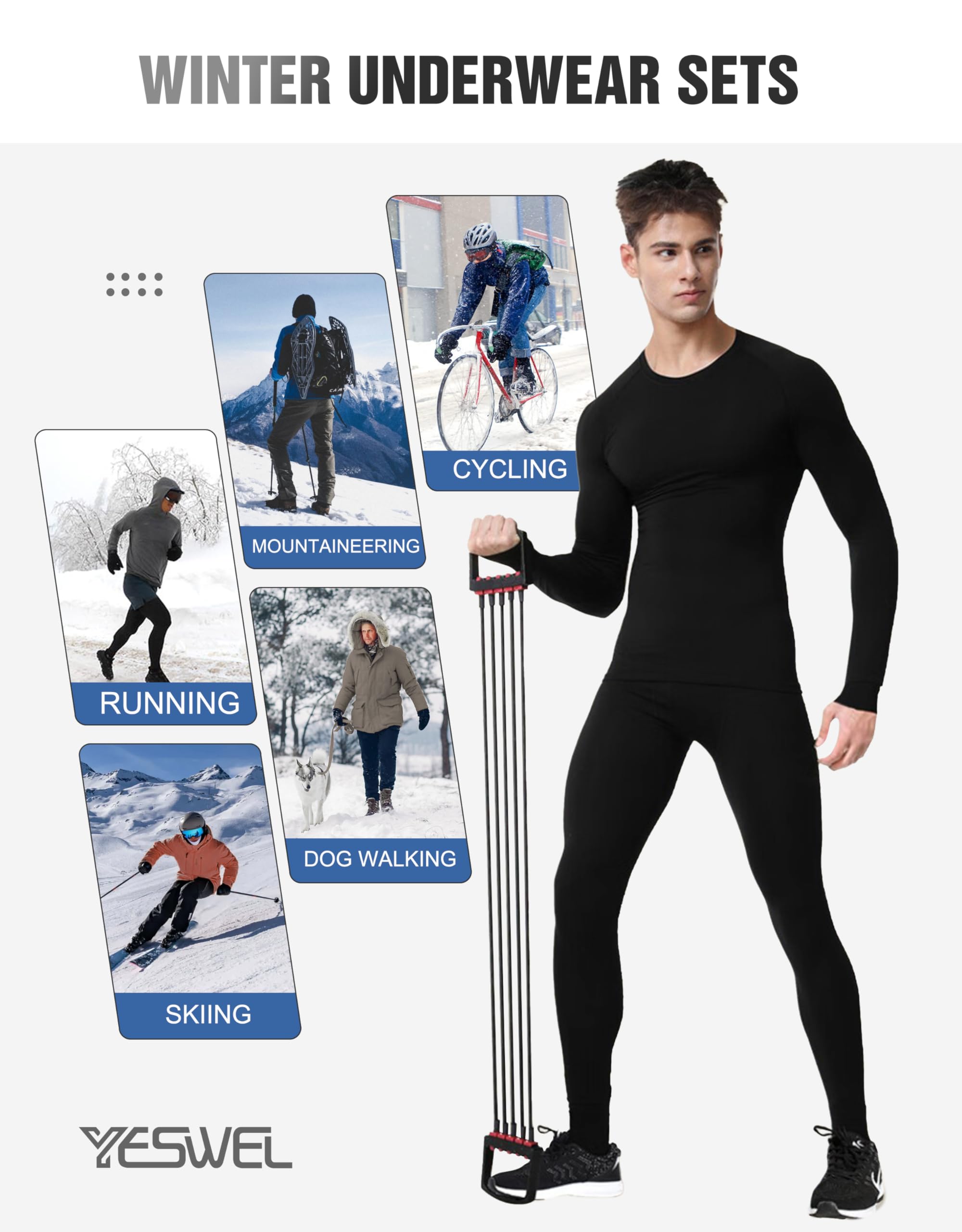 YESWEL sous Vetement Thermique Homme, Ensemble sous-Vêtements Hiver en Polaire Intérieure, sous-Vêtement Chaud Noir pour Ski Cyclisme Randonnée (M-2XL)