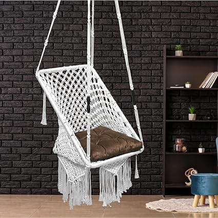 Patiofy Premium Square Swing for Adults for Home/Swing for Balcony/Swing for Kids/Hammock Hanging Swing Chair/Swing for Garden/includes Free Brown Square Cushion & Hanging Kit/150Kg Capacity-White