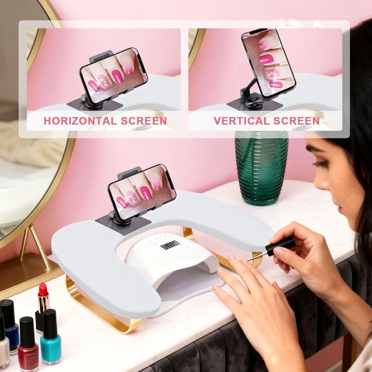 Arm Rest for Nails Tech U-Shaped Hand Pillow with Rotating Adjustable Phone Holder Soft Comfortable Hands Cushion Manicure Tool for Home and Art Nail Salon