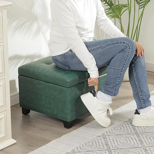 Vista 73 de Asense Otomana cuadrada de almacenamiento, reposapiés tapizado de piel sintética con patas de madera negra, marrón