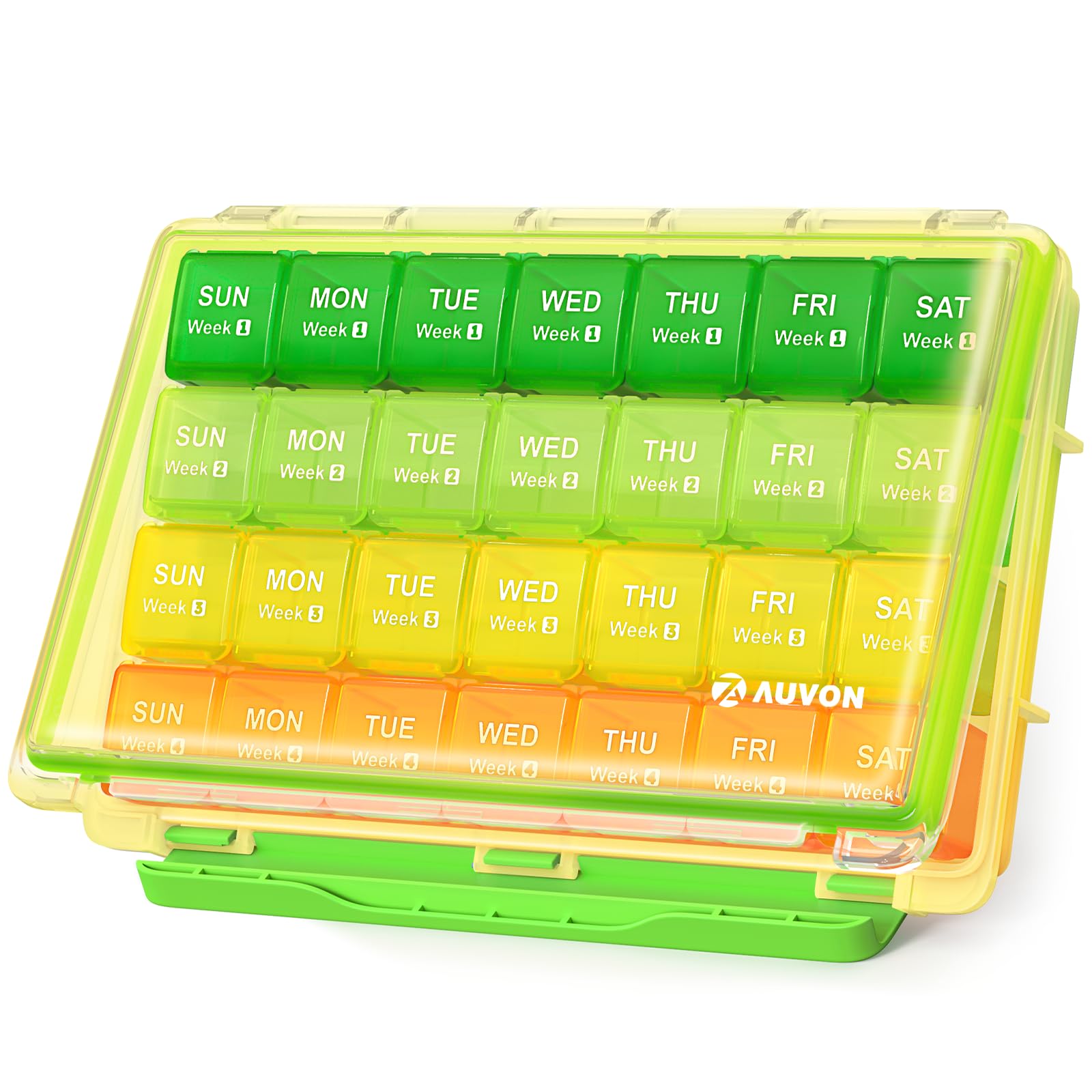 AUVON Monthly Pill Organizer Moistureproof, Large 28 Days Pill Case with Removable 4 Weeks Pill Box Rows, Travel-Friendly Pill Container for Fish Oils, Vitamins, Supplements and Medications Yellow