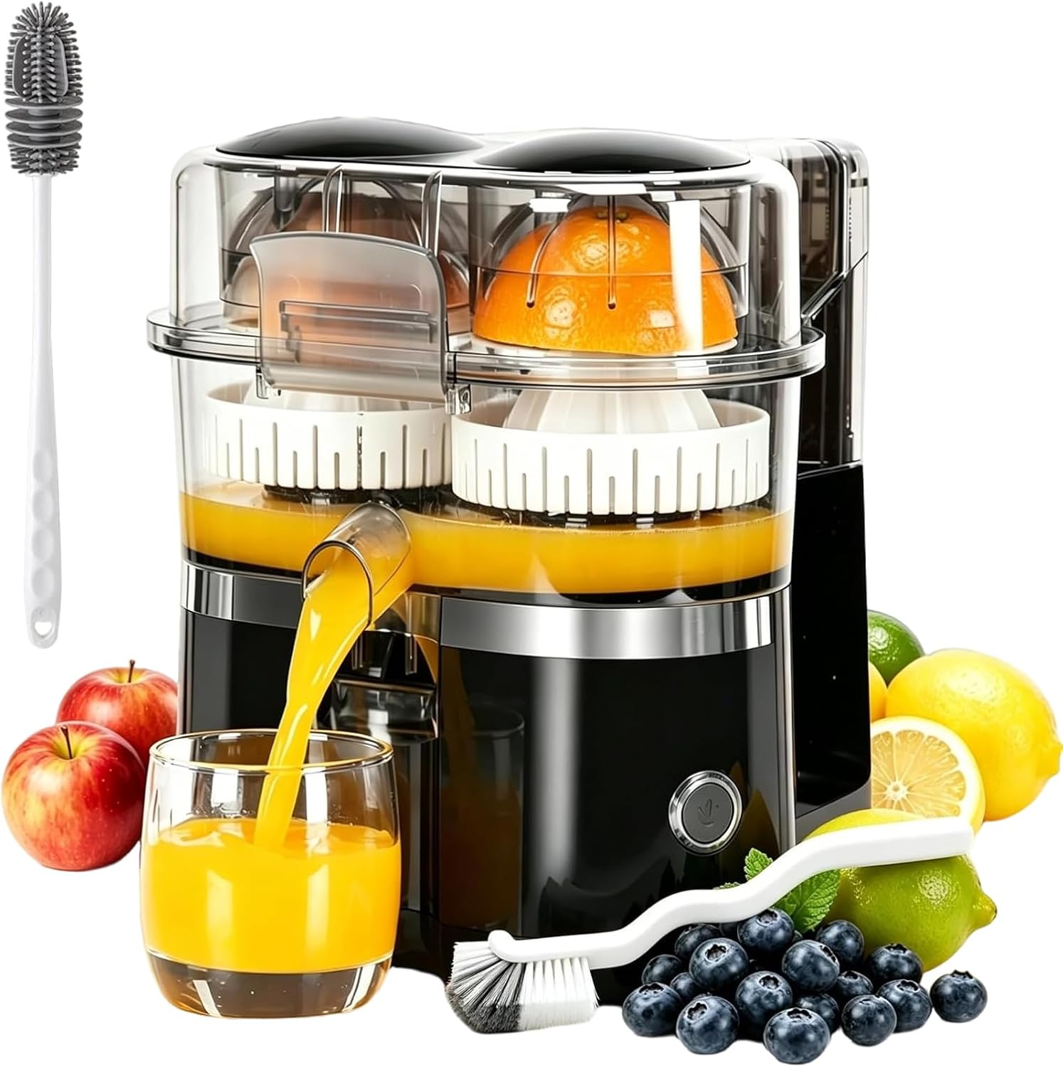 Dual-Head Automatic Citrus Juicer, Automatic Orange Squeezer with Built-in Slicer, One-Button Fast Fruit Juicing Machine for Fresh Orange Lemon Lime Juice (Black)