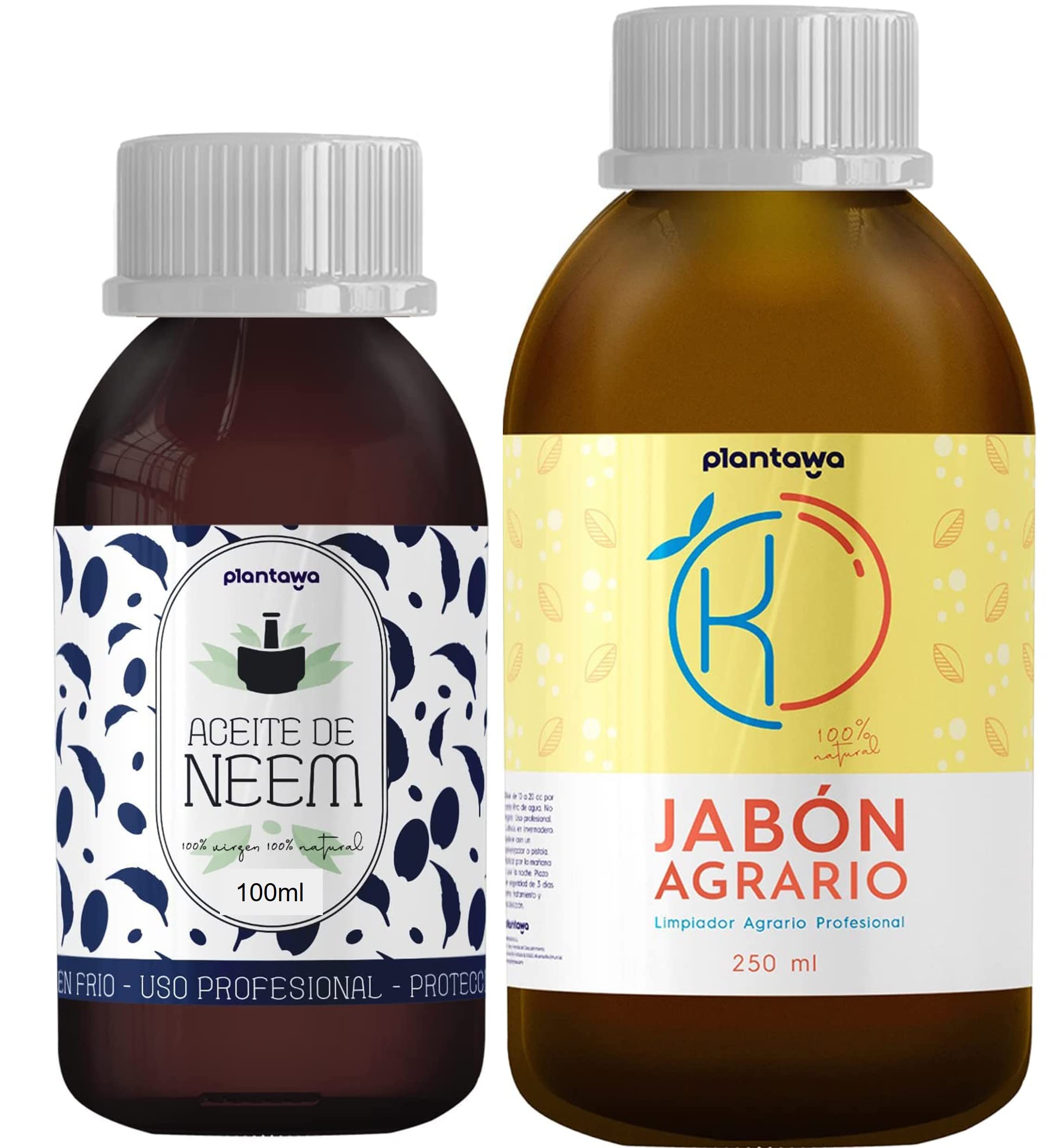 PLANTAWA Pack Ahorro Jabón Potásico 250ml + Aceite de Neem 100ml, 100% Natural, Mejora Defensa, Alta Concentración, Mosca Blanca, Araña Roja, Pulgón, Cochinilla, Citricos