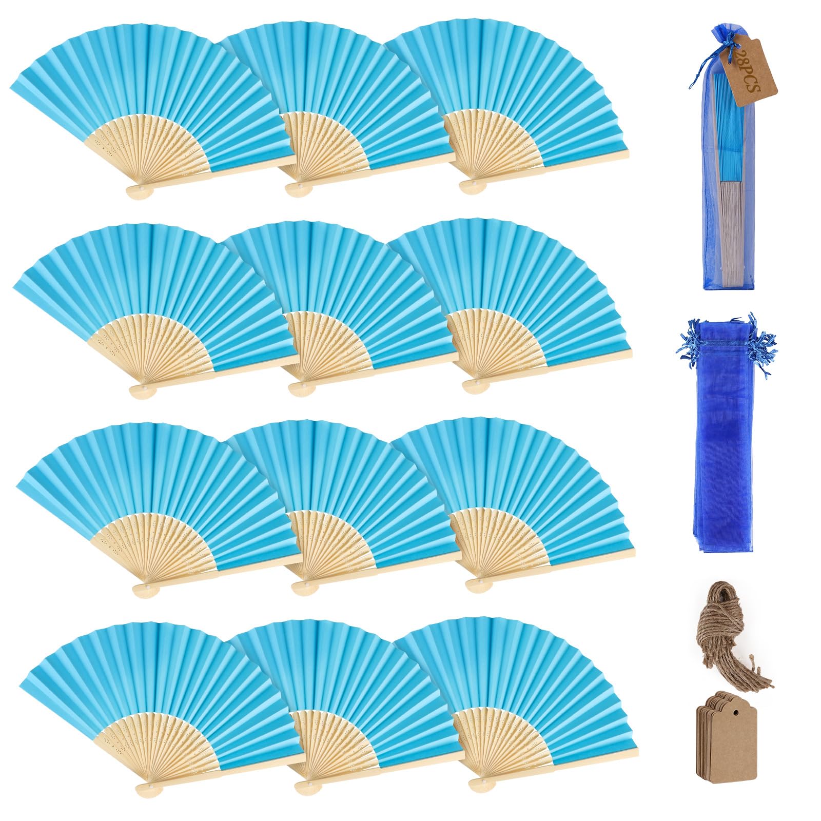 SWAWIS 28 Piezas Azul Abanicos de Papel, Abanico Plegable con 30 Bolsas de Organza y Tarjetas de Agradecimiento, Abanicos de Bambú para Bodas Bautizos Decoraciones Fiestas DIY