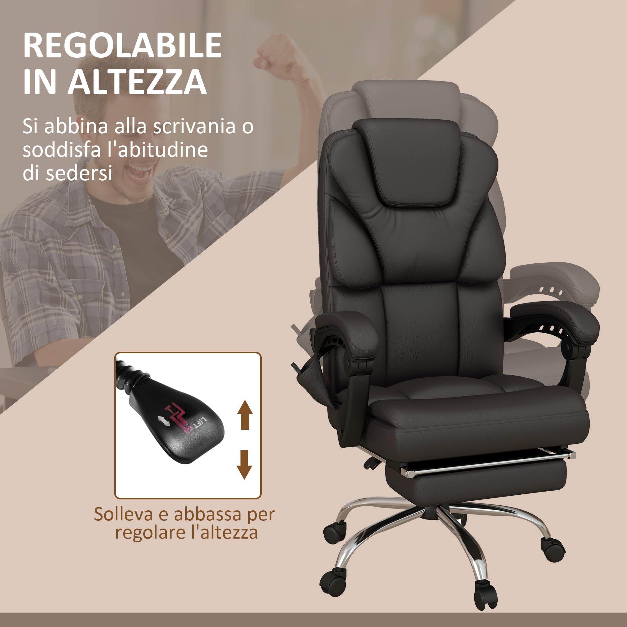 Vinsetto Poltrona Da Ufficio Massaggiante Con Funzione Riscaldante E Poggiapiedi Reclinabile – Rivestimento In Velluto Grigio, Design Moderno Con 5 Ruote