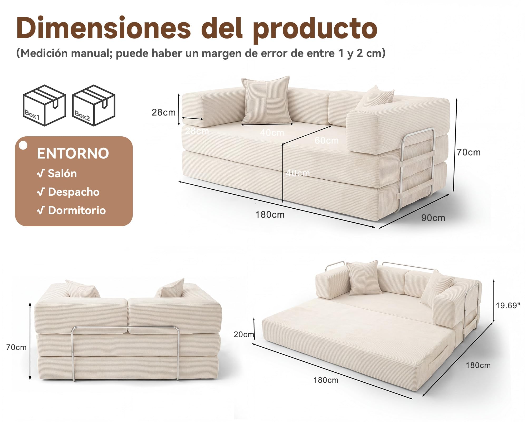 Vipbear Sofá Cama 2 Plazas, 180cm Modular Versátil Sofá Convertible 5 en 1 | Alta Densidad Espuma Viscoelástica Sofá Cama para Apartamento, Seccional sin huesos, Apto para Mascotas, sin Montaje, Beige