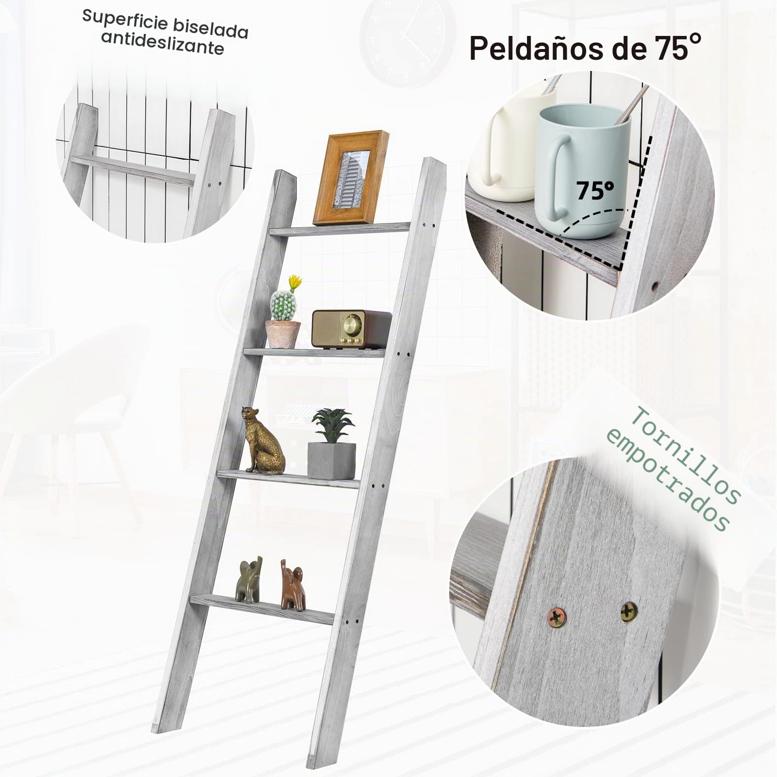LIFEZEAL Toallero Escalera de 4 Niveles, estantería de Escalera Decorativa de Pared, Estante Escalera de Madera de Pino, Organizador de pie de Almacenamiento para Toalla baño, salón, Estudio (Gris)