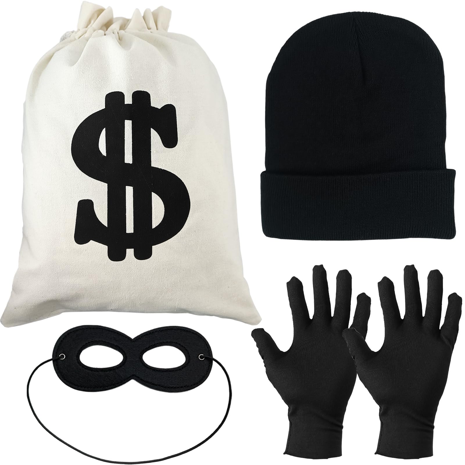 CiviLight Robber Costume Set of 4 Halloween Thief Themed Cosplay Accessories With Robber Mask Money Bag Hat Gloves Unisex