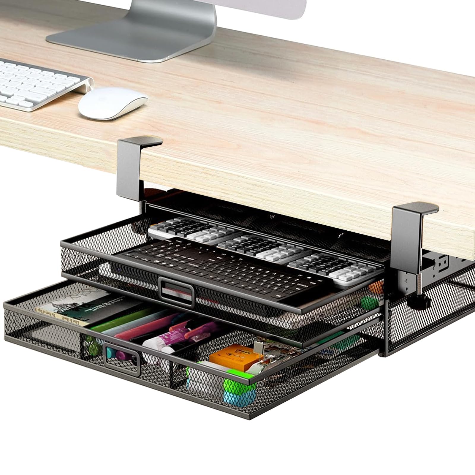 Whemyreat Organizador de cajones para debajo de la mesa, organizador de escritorio de 2 capas, organizador de escritorio, organizador de cajones de oficina, cajones de malla de metal