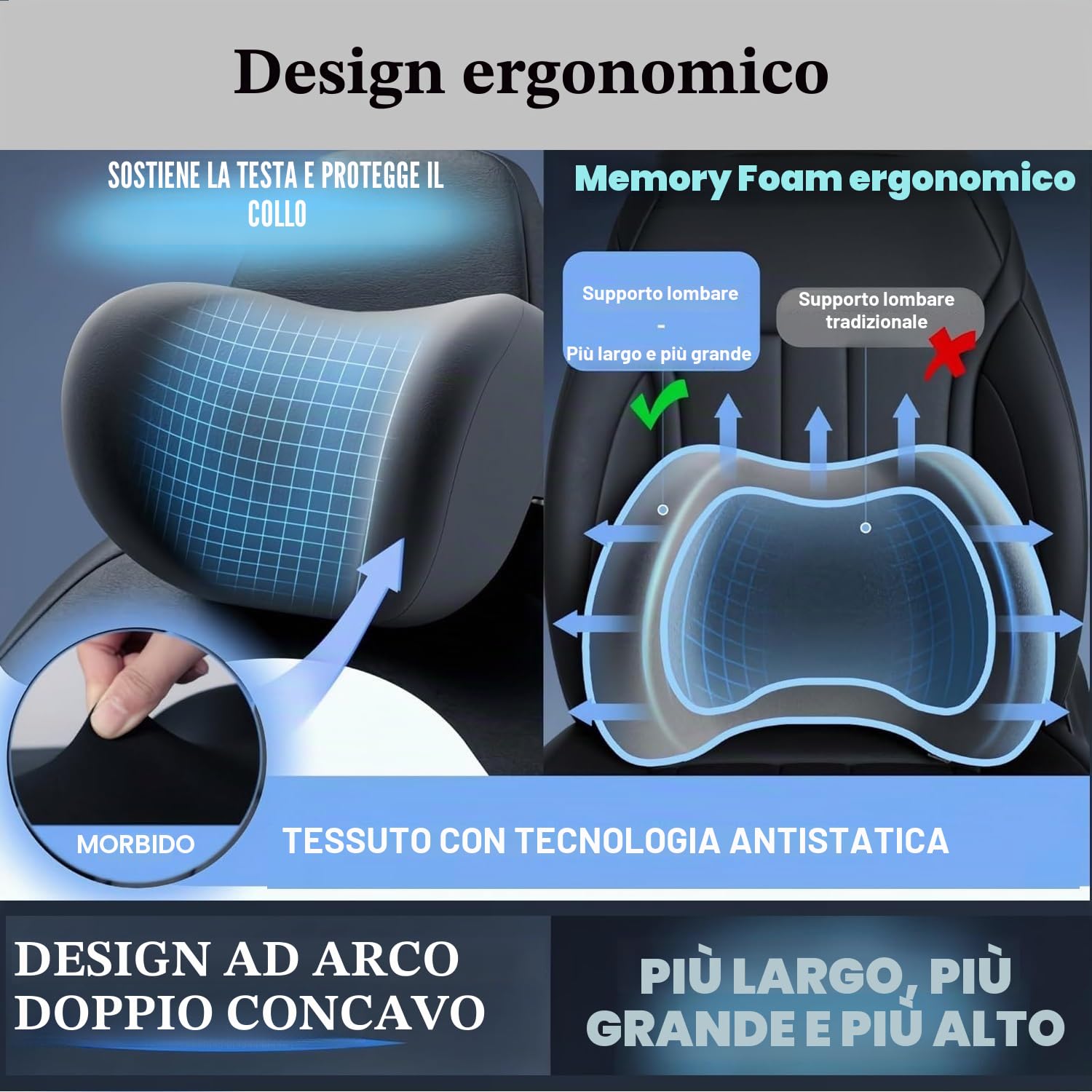 Set di cuscini poggiatesta lombare e per collo Sonhomay in memory foam, cuscini poggiatesta per auto, cuscino lombare per sedile auto per il sollievo dal dolore al collo e alla schiena, cuscino per